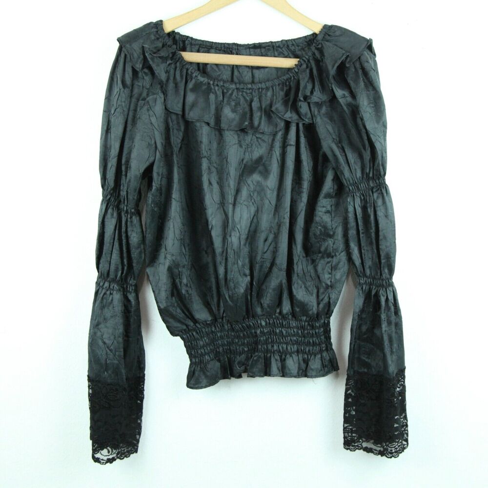 Vintage Small Black Top Whimsigoth Boho Witchy Lace Ruffle Bell Sleeve Y2K Goth